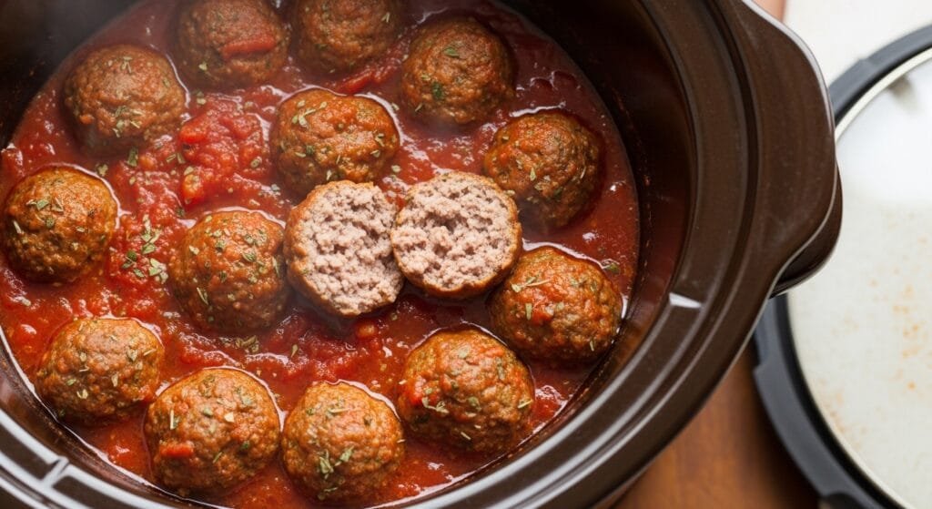 juicy crockpot meatballs simmered in marinara sauce inside slow cooker
