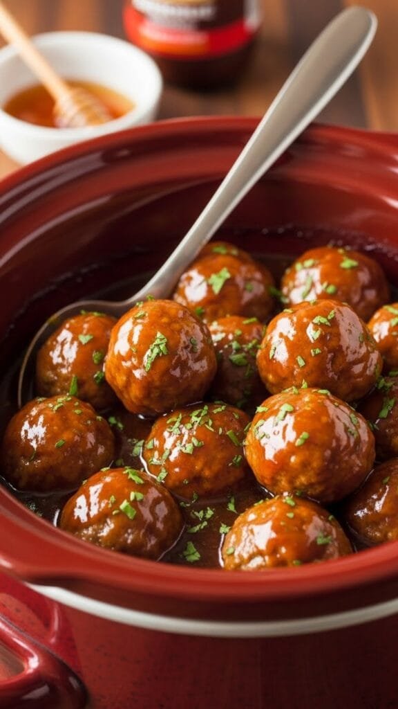 Juicy honey BBQ meatballs cooking in a crockpot with rich barbecue sauce, ready to serve for gatherings or weeknight meals