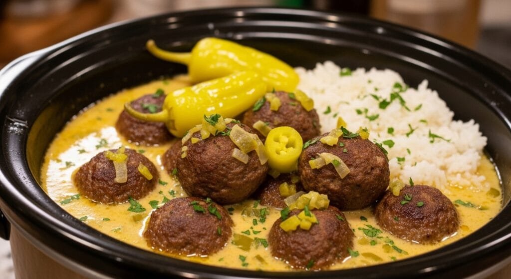 Mississippi meatballs slow cooked in creamy ranch and pepperoncini sauce