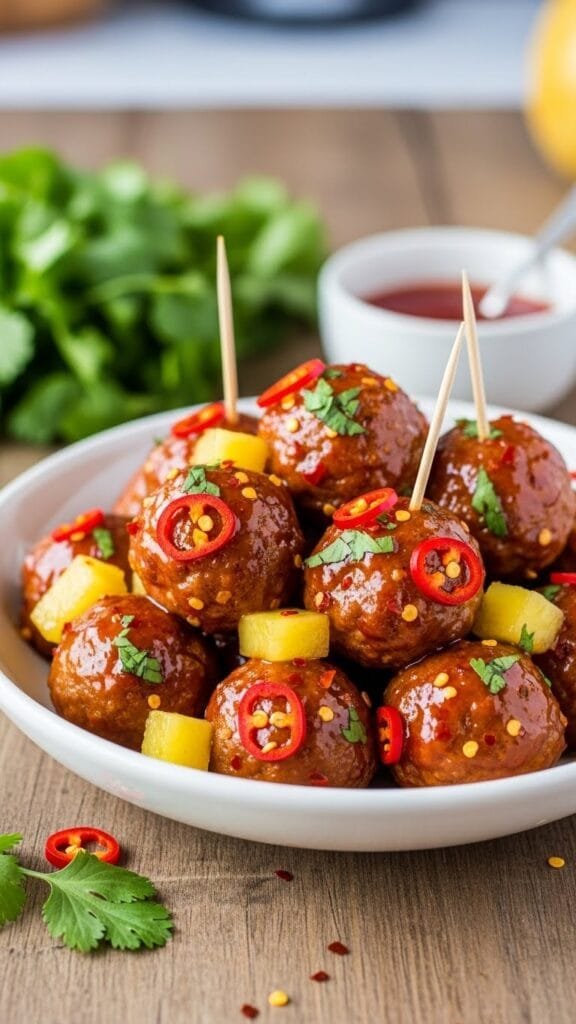 sweet and spicy pineapple meatballs served over rice