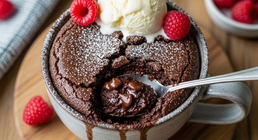 Flourless chocolate mug brownie with soft fudgy center