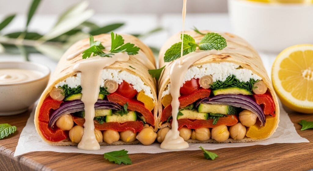 High-protein Mediterranean chickpea wraps filled with roasted vegetables, whipped feta, and tahini sauce