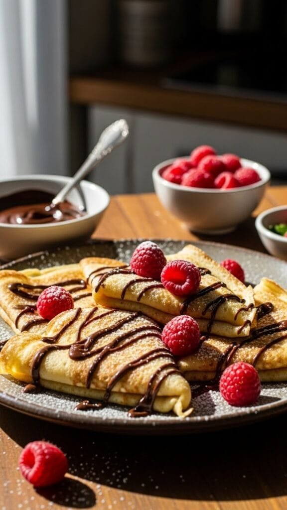 Golden, delicate crepes being swirled in a nonstick pan for a smooth, thin texture.