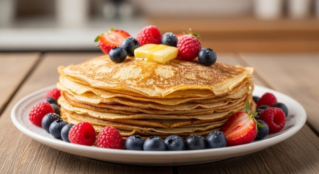 Thin homemade crepes stacked on a plate with berries and butter