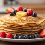 Thin homemade crepes stacked on a plate with berries and butter