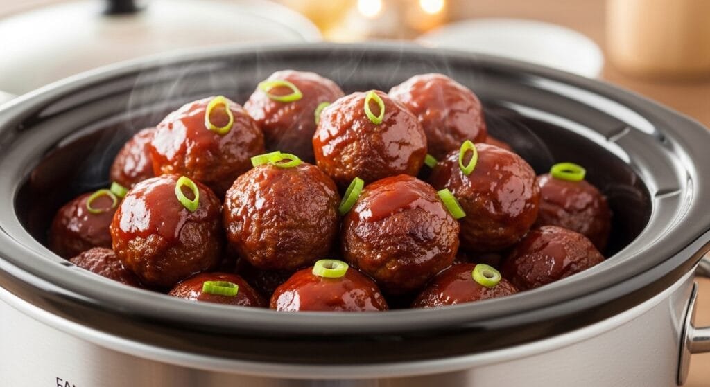 Honey BBQ crockpot meatballs simmered in a slow cooker with thick sweet barbecue sauce