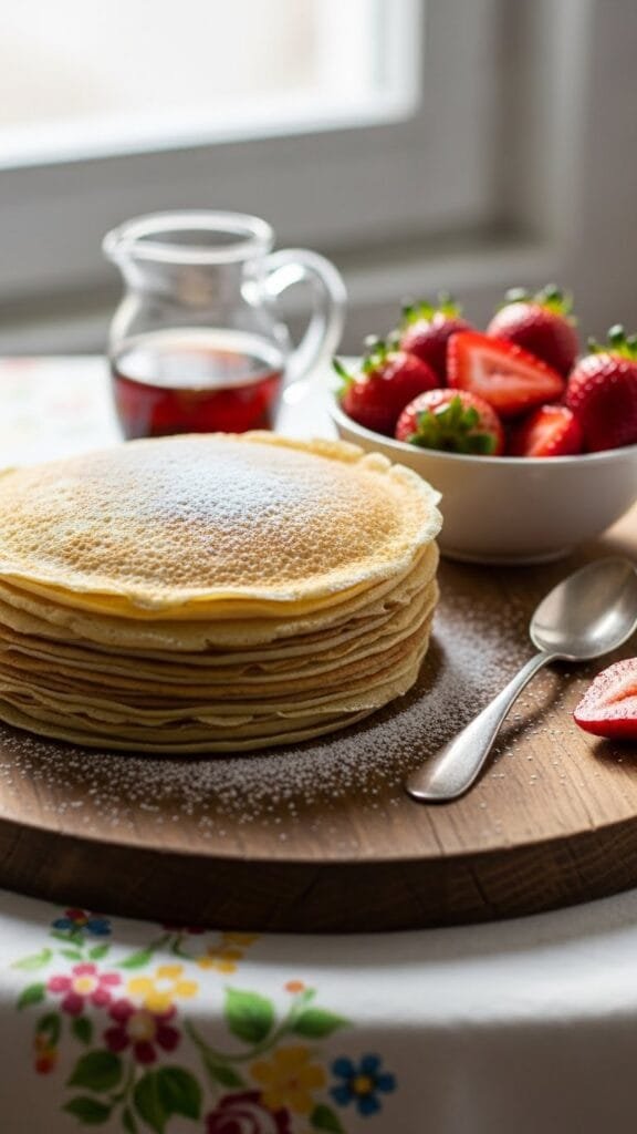 Thin homemade crepes stacked on a plate with butter and fresh berries, perfect for breakfast or brunch.