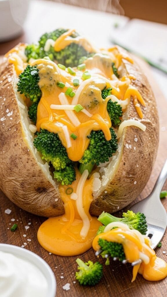 Baked russet potato sliced open and filled with broccoli and cheese sauce