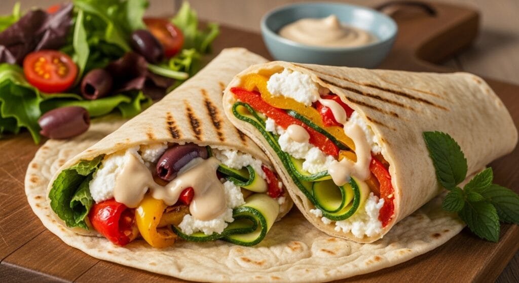 Mediterranean chickpea wrap with roasted peppers, zucchini, whipped feta, and tahini drizzle ready to serve
