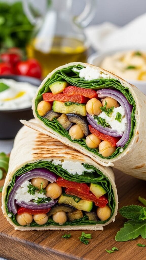 Mediterranean chickpea wrap filled with roasted vegetables, whipped feta, and fresh greens.