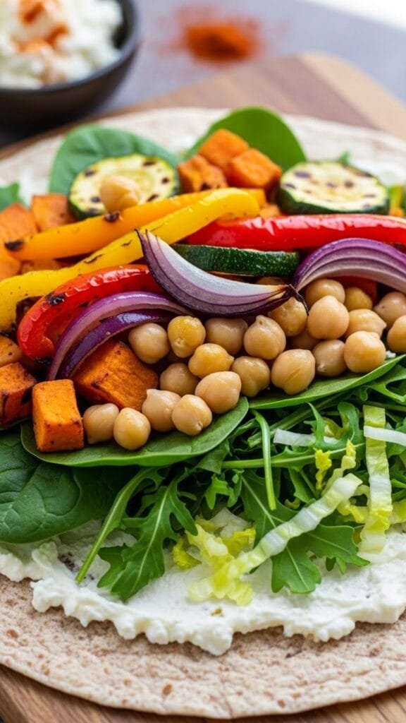 Layering chickpeas, greens, roasted vegetables, and whipped feta on a whole wheat wrap.