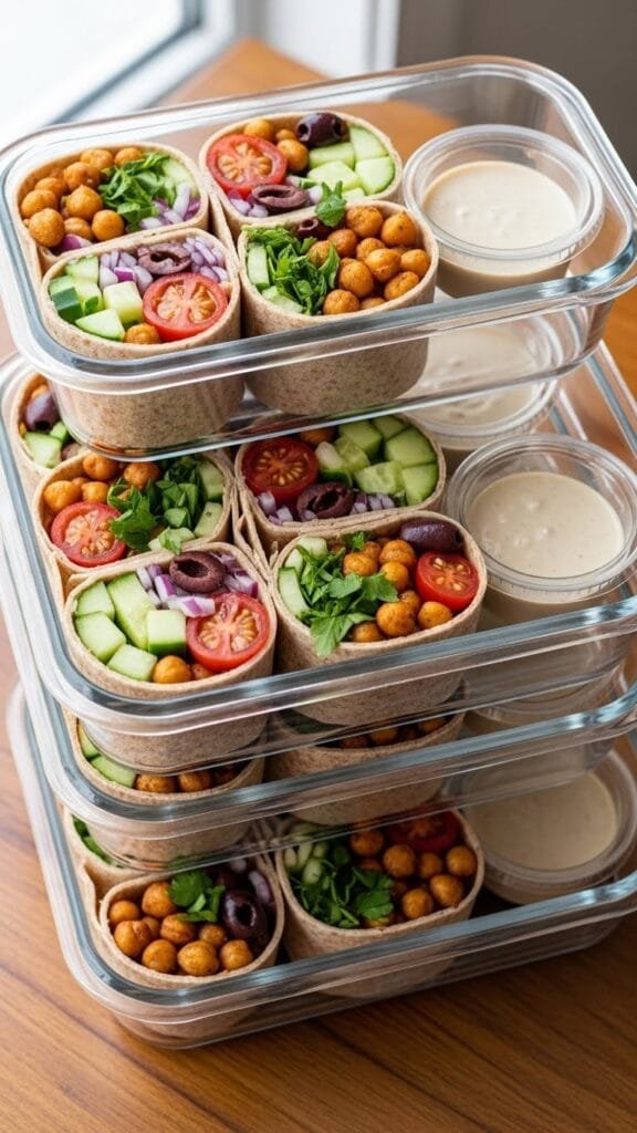Chickpea Mediterranean wraps packed in meal prep containers with tahini sauce on the side.