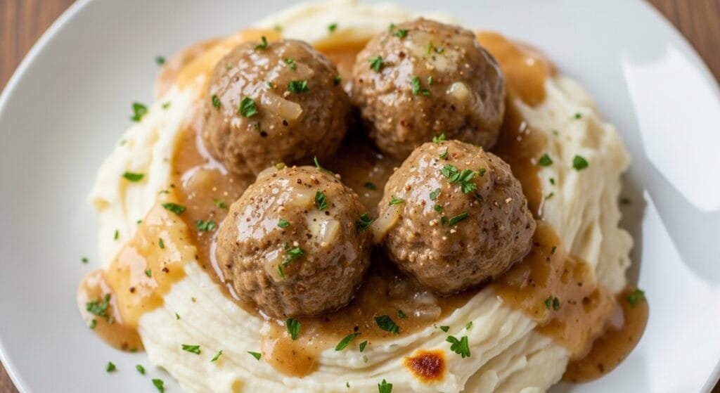 Creamy Mississippi meatballs served over mashed potatoes