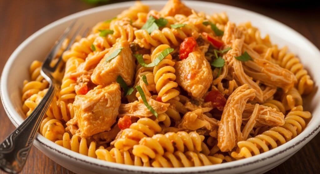 Creamy salsa ranch chicken pasta with rotini and shredded chicken in a bowl