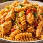 Salsa Ranch Chicken Pasta (Slow Cooker) – Easy, Creamy and Family-Friendly Creamy salsa ranch chicken pasta with rotini and shredded chicken in a bowl