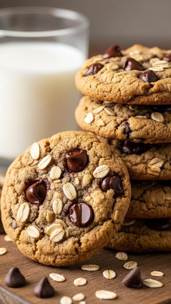 stack of chewy oatmeal chocolate chip cookies