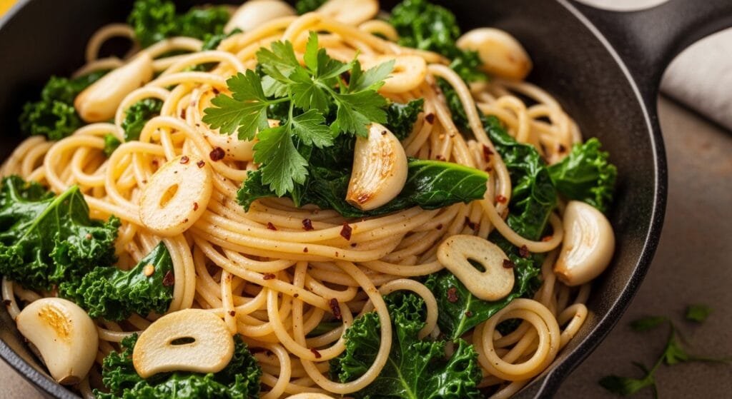 Spaghetti aglio e olio with sautéed kale and garlic in skillet