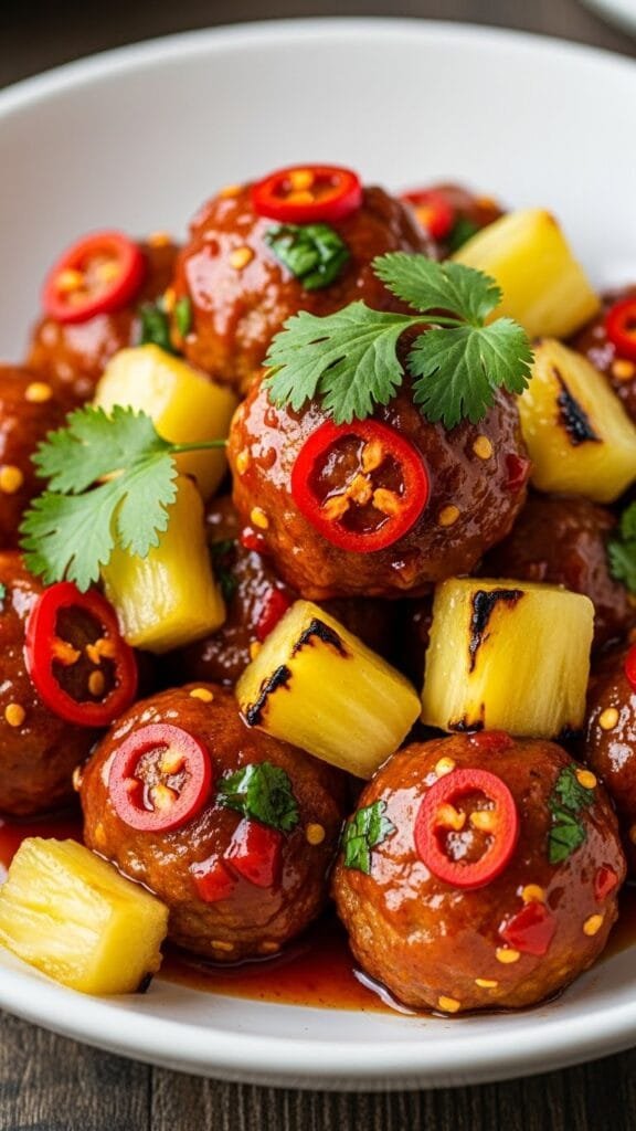 sweet chili pineapple meatballs with glossy sauce