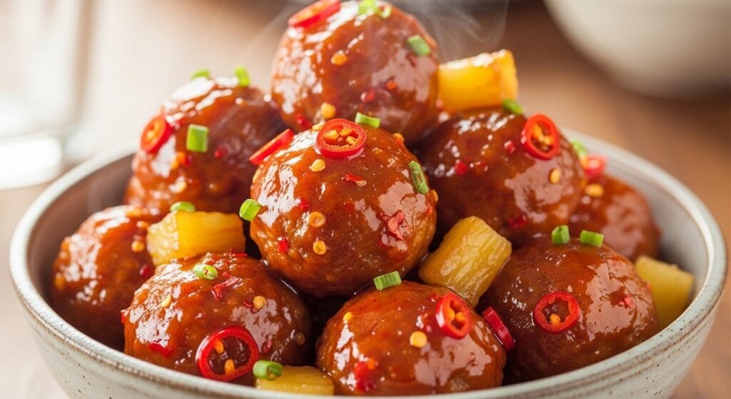 Sweet chili pineapple meatballs coated in glossy sauce served in a bowl as an easy appetizer or dinner