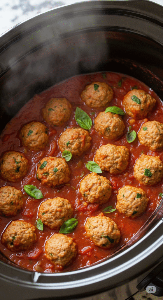 Slow cooker turkey meatballs simmering in homemade marinara sauce