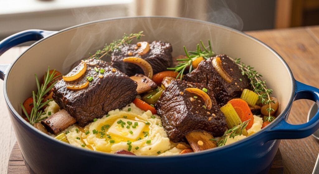 Apple cider braised short ribs cooked in a Dutch oven with herbs and vegetables served over mashed potatoes