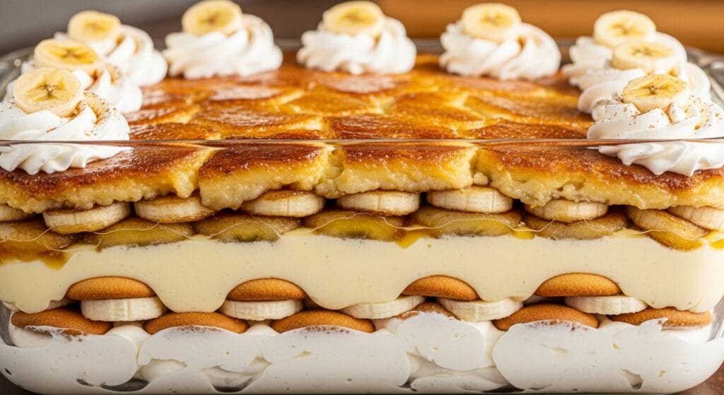 Caramelized banana pudding layered with vanilla pudding, vanilla wafers, and whipped cream in a baking dish