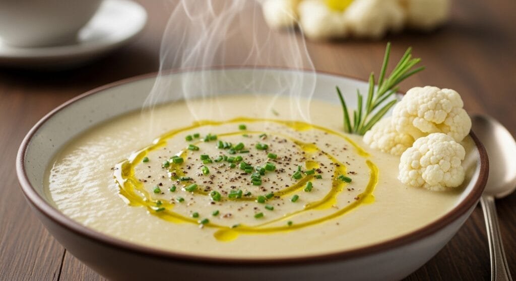 Smooth cauliflower potato soup blended until creamy and topped with herbs, ideal for an easy one-pot dinner