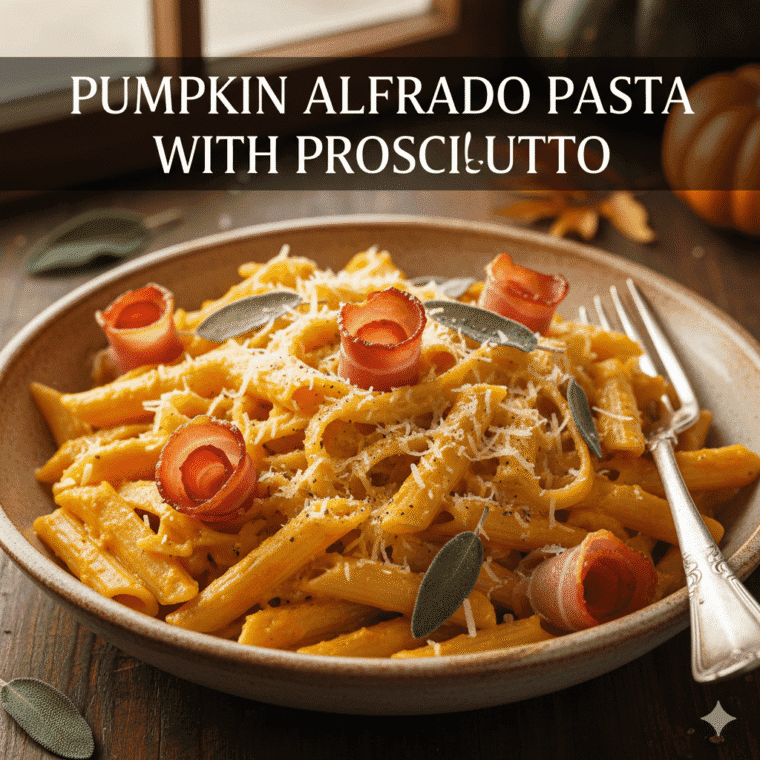 Fettuccine coated in creamy pumpkin sauce with sage and golden prosciutto pieces
