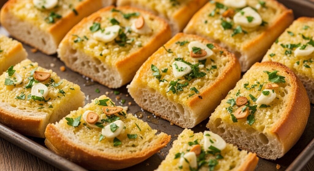 Sliced homemade garlic bread with golden edges, melted butter, fresh garlic, and parsley on a baking tray