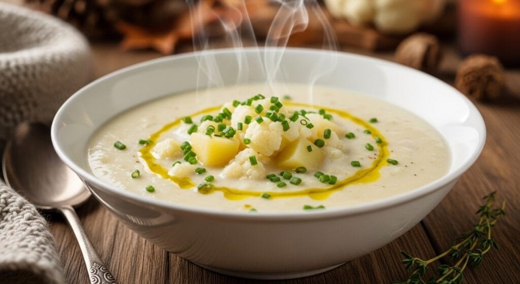 Easy creamy cauliflower potato soup served in a bowl with fresh herbs, perfect for a cozy fall or winter meal