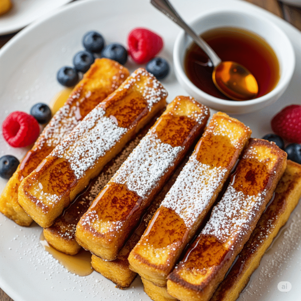 Easy homemade French toast sticks stacked with fresh berries and powdered sugar