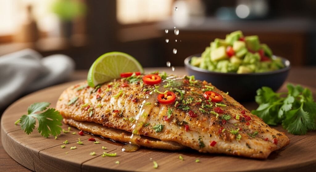 Spicy Southwestern baked tilapia fillet with chili lime seasoning served for a quick weeknight dinner