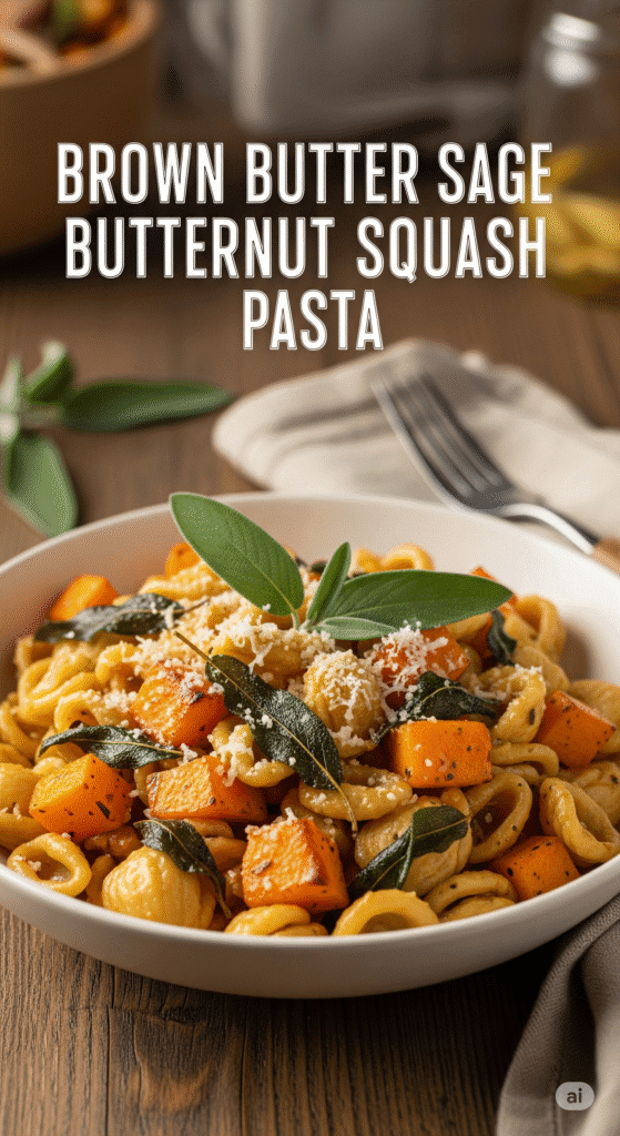 Pasta plated with mashed butternut squash, Parmesan cheese, and crispy sage on top