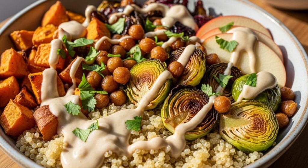 Harvest quinoa bowl with roasted sweet potatoes, Brussels sprouts, apples, chickpeas, and creamy tahini dressing served warm