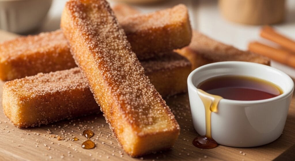 Crispy homemade French toast sticks coated in cinnamon sugar and served with maple syrup