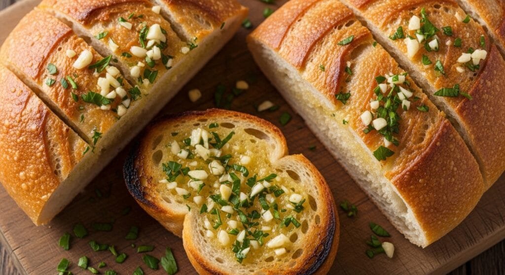 Homemade garlic bread baked until crispy on the edges with a buttery garlic and parsley topping on a crusty loaf
