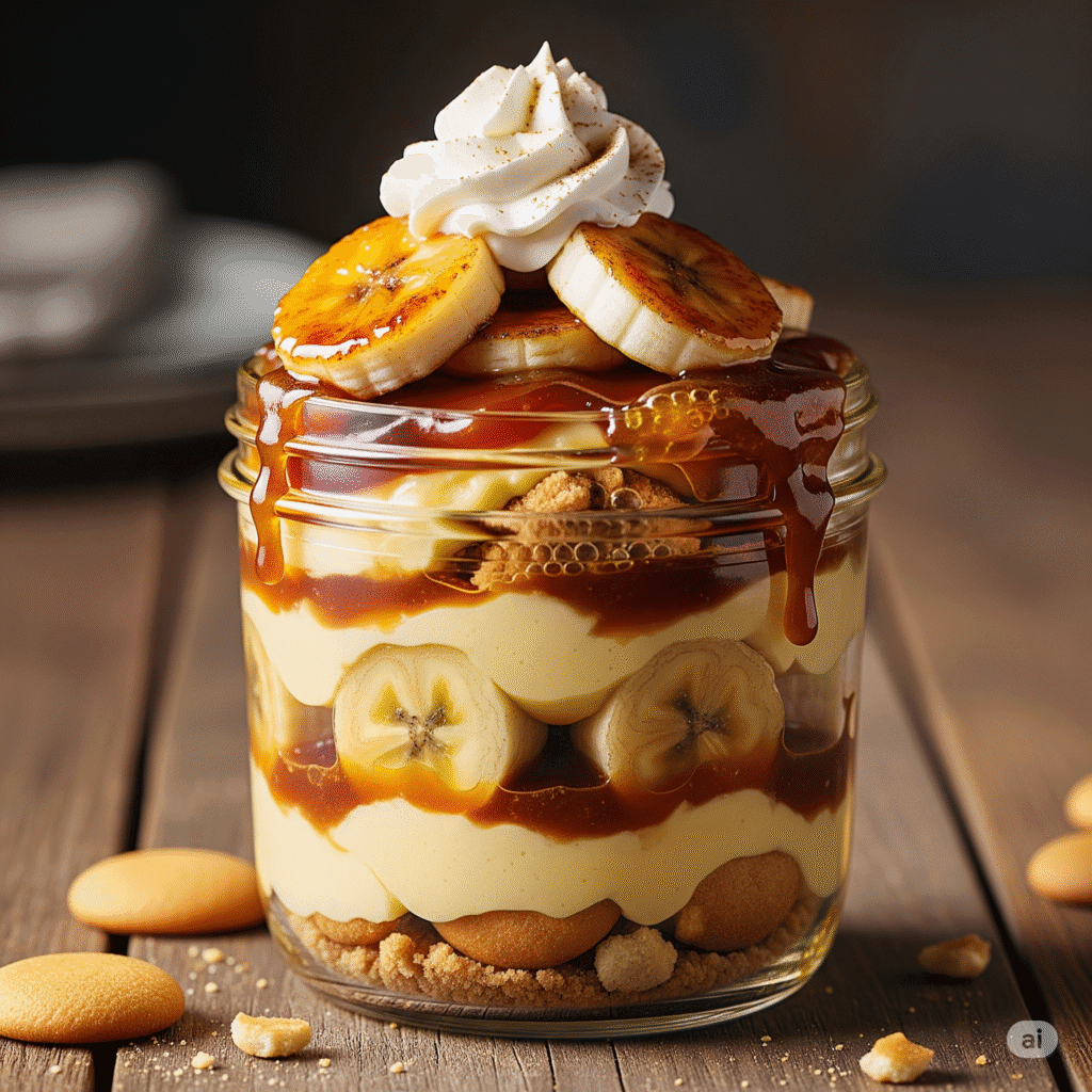 Spoonful of creamy caramelized banana pudding lifted from a baking dish showing layers of pudding, bananas, and cookies.