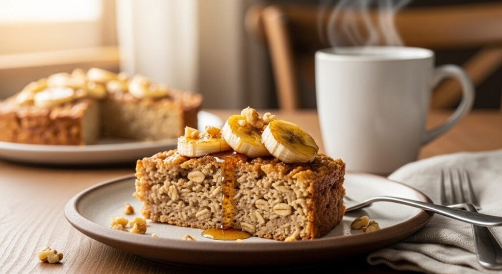 Slice of one-bowl banana baked oatmeal made with rolled oats and cinnamon served for a cozy breakfast