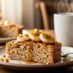 Slice of one-bowl banana baked oatmeal made with rolled oats and cinnamon served for a cozy breakfast