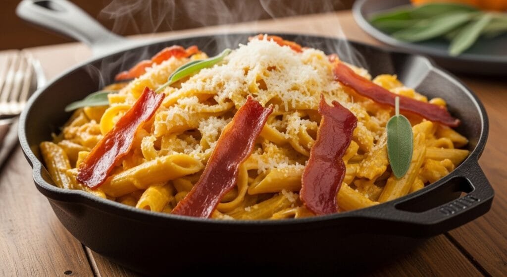 Creamy pumpkin Alfredo pasta topped with crispy prosciutto and grated Parmesan served warm in a skillet