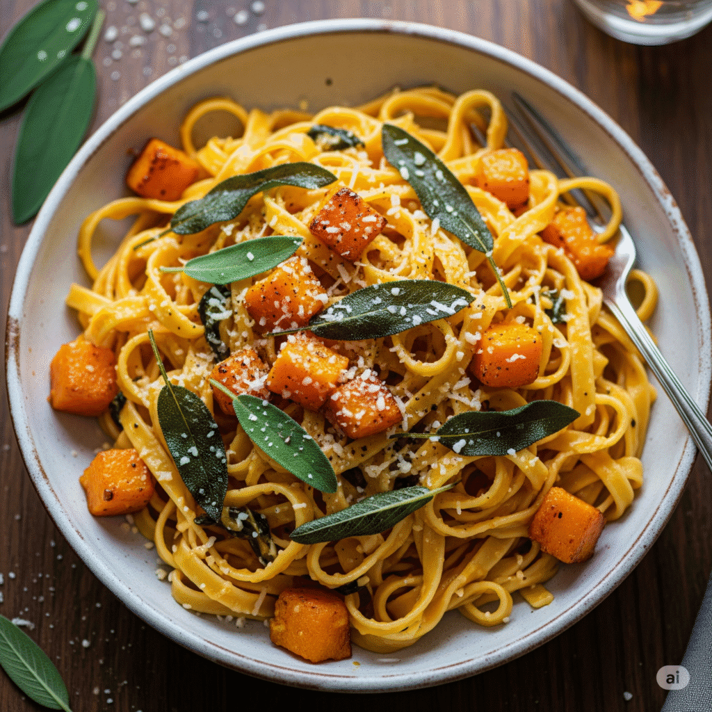 Close-up of roasted butternut squash cubes in golden brown butter with crispy sage leaves