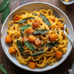 Close-up of roasted butternut squash cubes in golden brown butter with crispy sage leaves