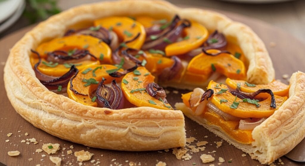 Savory butternut squash tart with caramelized onions on flaky puff pastry served warm