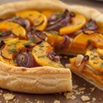 Savory butternut squash tart with caramelized onions on flaky puff pastry served warm