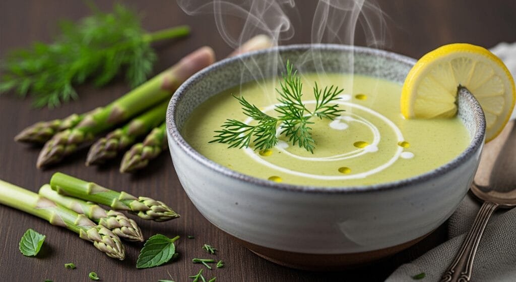 Creamy asparagus soup made with fresh asparagus, herbs, and lemon served in a bowl