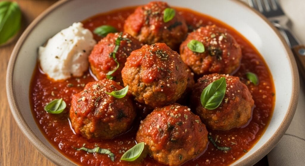 Slow cooker turkey meatballs simmered in homemade marinara sauce served for an easy weeknight dinner