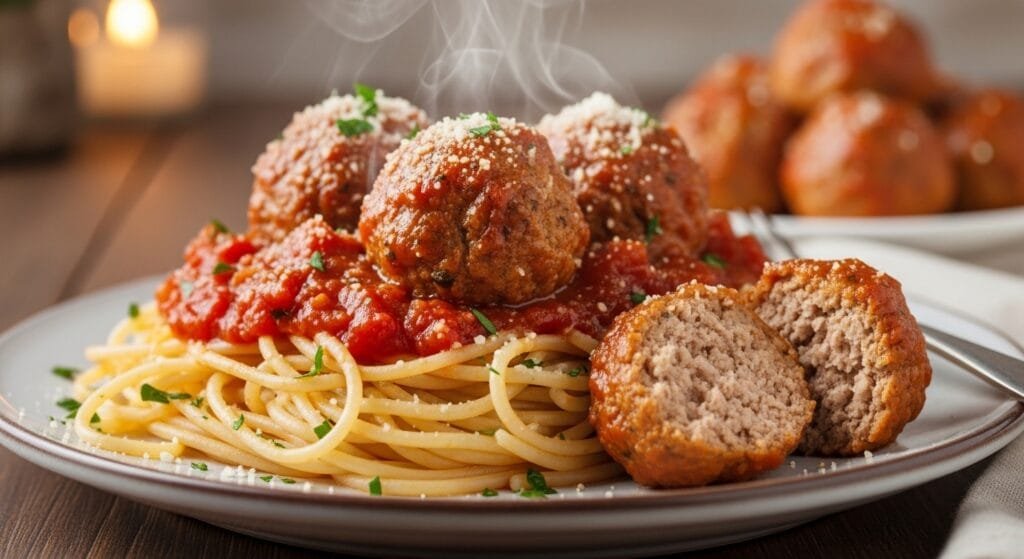 Juicy slow cooker turkey meatballs cooked in tomato sauce and served warm with pasta