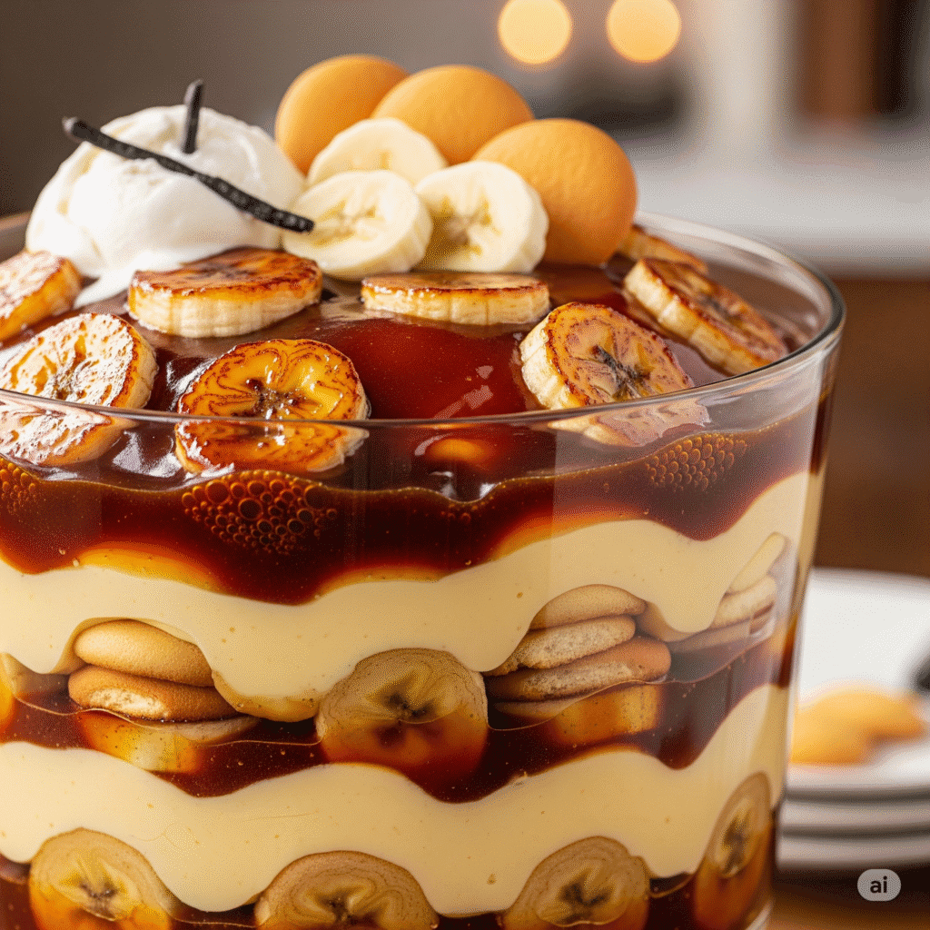 Close-up view of Southern-style caramelized banana pudding with vanilla wafers, caramelized bananas, and whipped cream layers.Imag