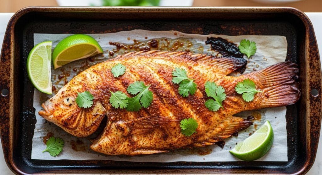 Oven-baked tilapia with smoky Southwestern spices garnished with cilantro and lime wedges