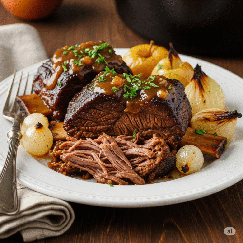 Close-up of tender apple cider braised short ribs with rich sauce and herbs